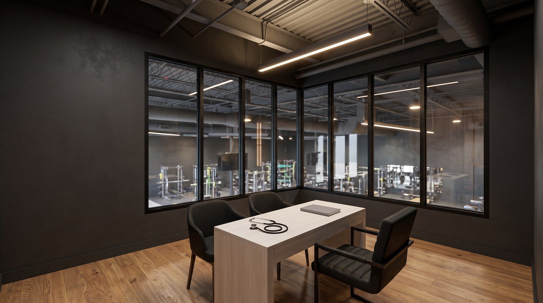 Illustrative rendering of an empty consultation room inspired by Aeon Wellness Club, with a desk and windows overlooking the gym