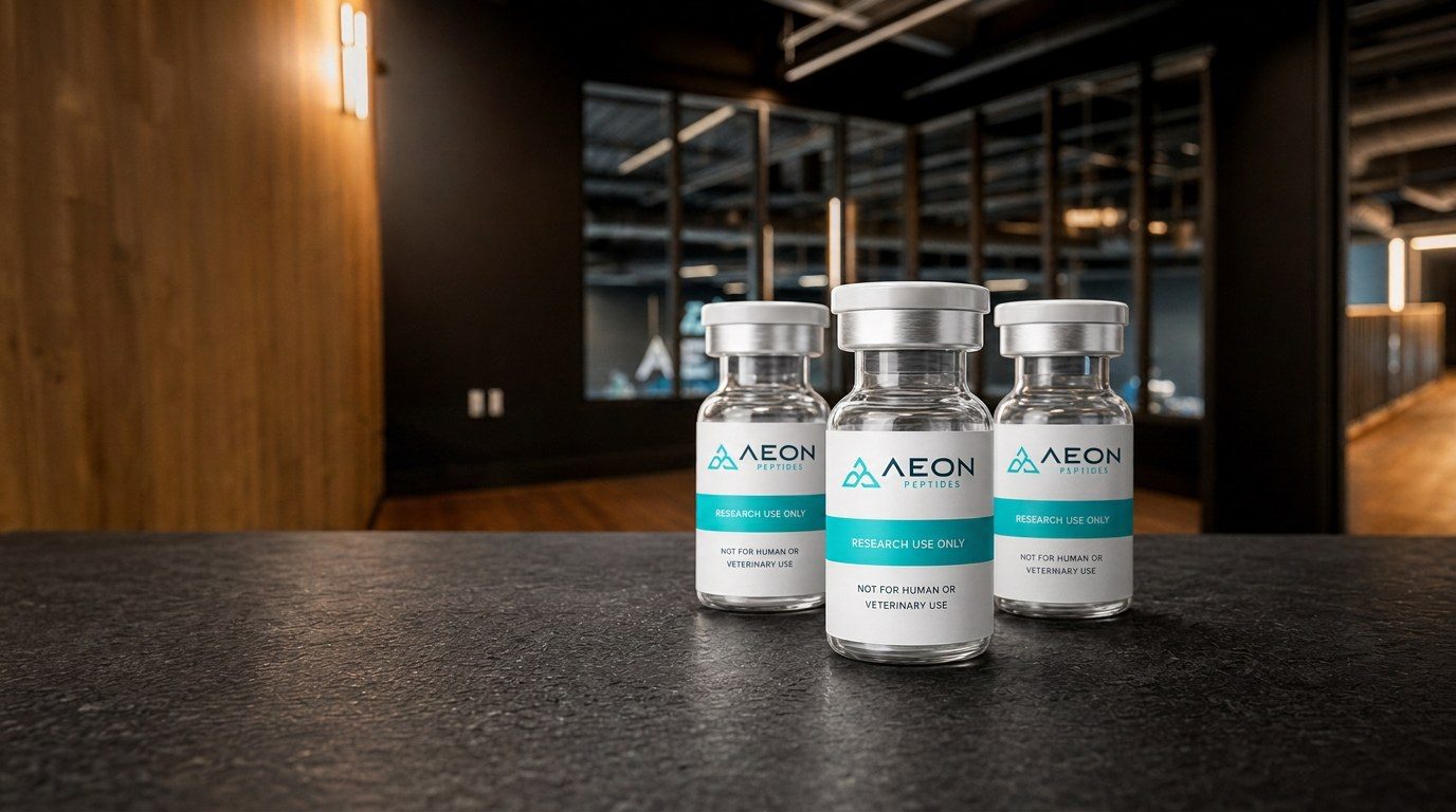Illustrative rendering of Aeon Peptides research-use-only vials on a counter with a softly blurred gym interior behind them