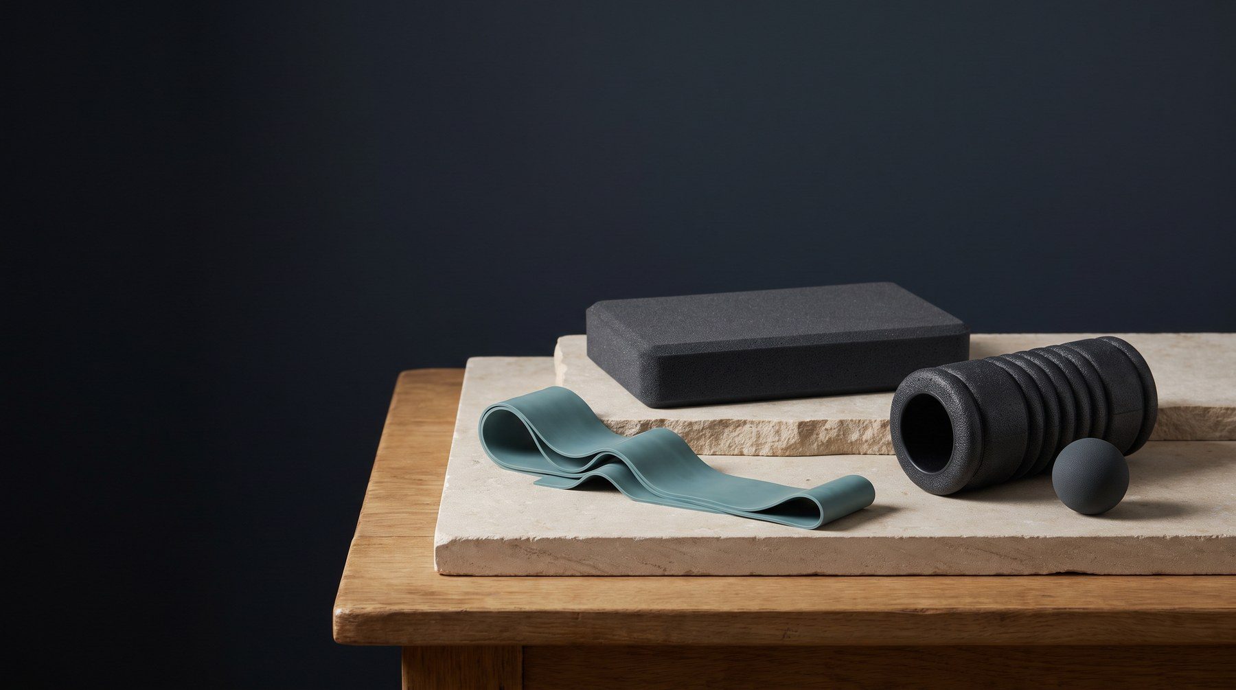Illustrative physical-therapy still life of a teal resistance band, foam balance pad, foam roller and massage ball on pale stone and oak