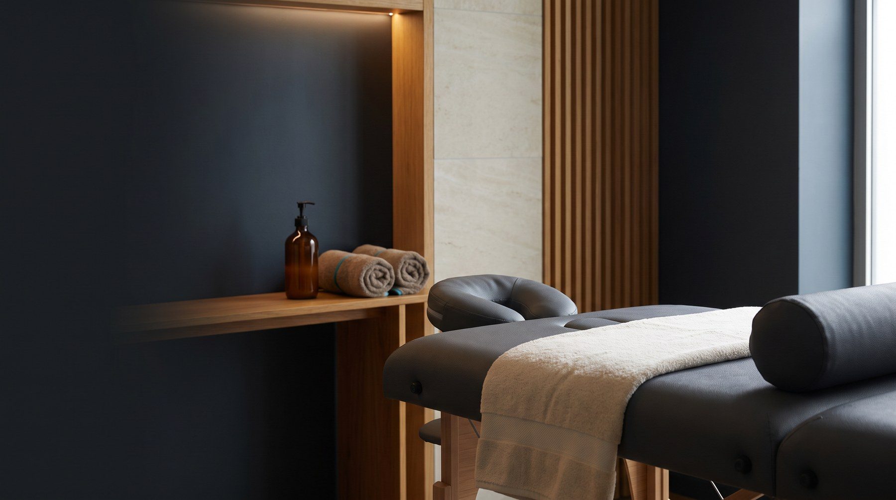 Conceptual sports-massage rendering of an empty treatment table, bolster and folded towels in a brand-inspired setting, not an actual room at Aeon Wellness Club